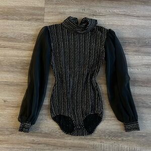 Vintage Black and Silver Metallic Long Sleeve Bodysuit